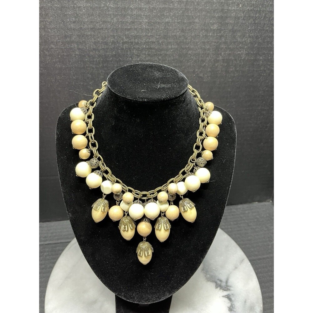 Vtg Bronze Tone Vanilla Beaded 19" Statement Necklace by Gerard Yosca Boho Lux